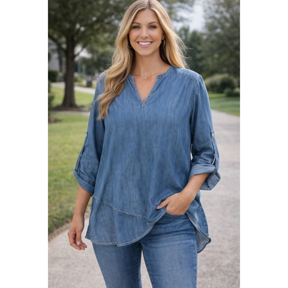 Karen Kane Women Top Lifestyle Chambray Wrap Blue Roll Tab Sleeve Small NWT